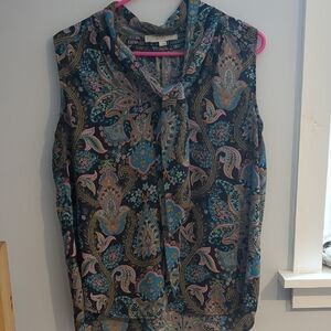 LOFT Paisley Tie-Neck Sleeveless Blouse - Teal, Navy, Pink, Cream